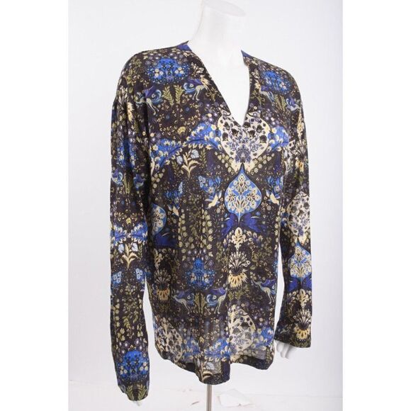 ETRO Milano Womens Top Shirt Size 42 US 6 Blue Bird Print Multicolor Floral NWT - Picture 2 of 6